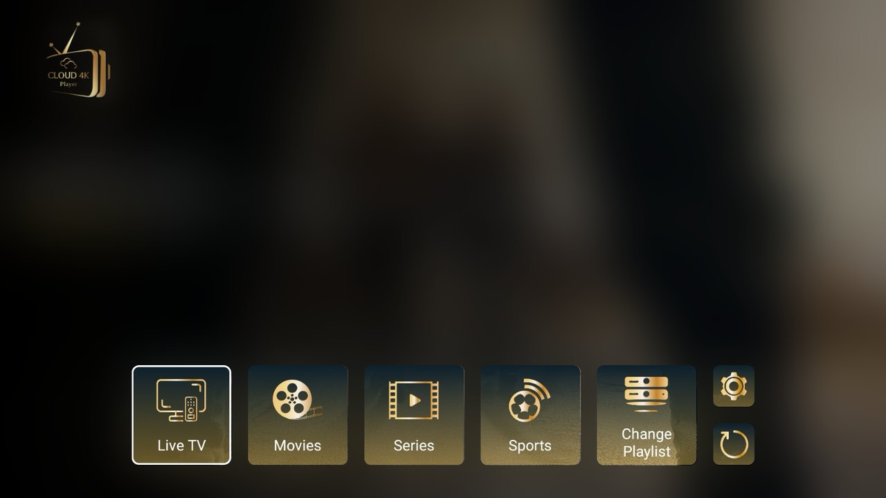 Cloud 4K Player home screen with Live TV, Movies, Series, Sports and Change Playlist tiles